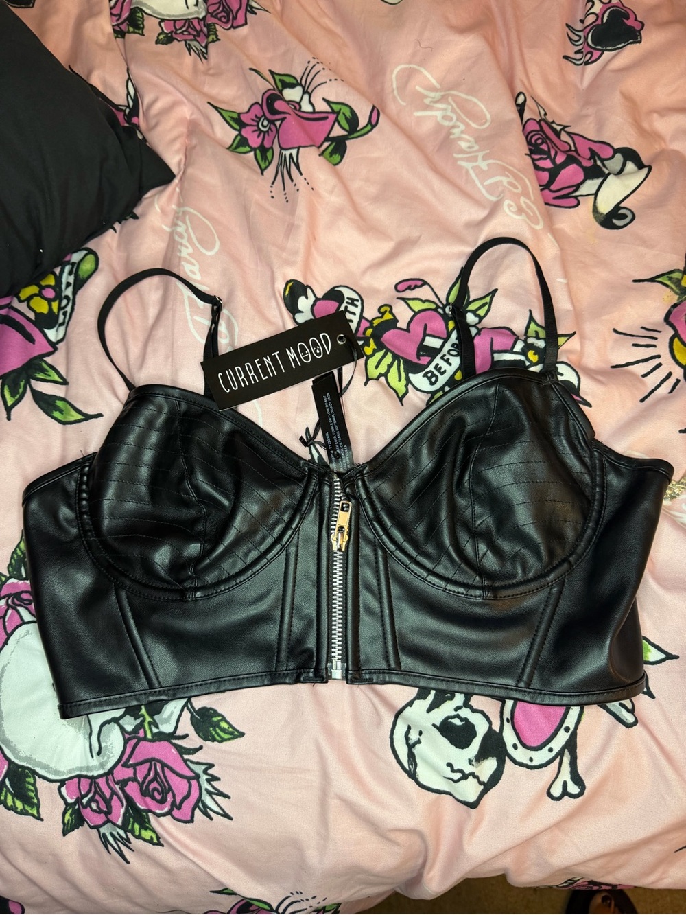 Current Mood Black Faux Leather Zip-Front Bustier Camisole